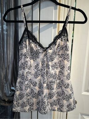 Y2K Emporio Armani Butterfly Print Cami Sleep Tank Top XS Black Lace Logo Charm